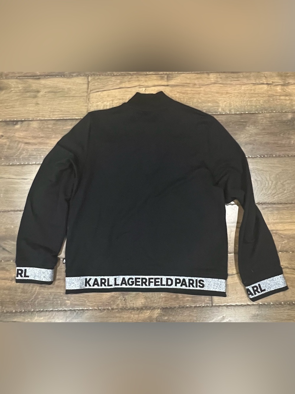 Karl Lagerfeld Black Bomber Jacket with silver logo tape stripe size Large - Picture 2 of 4